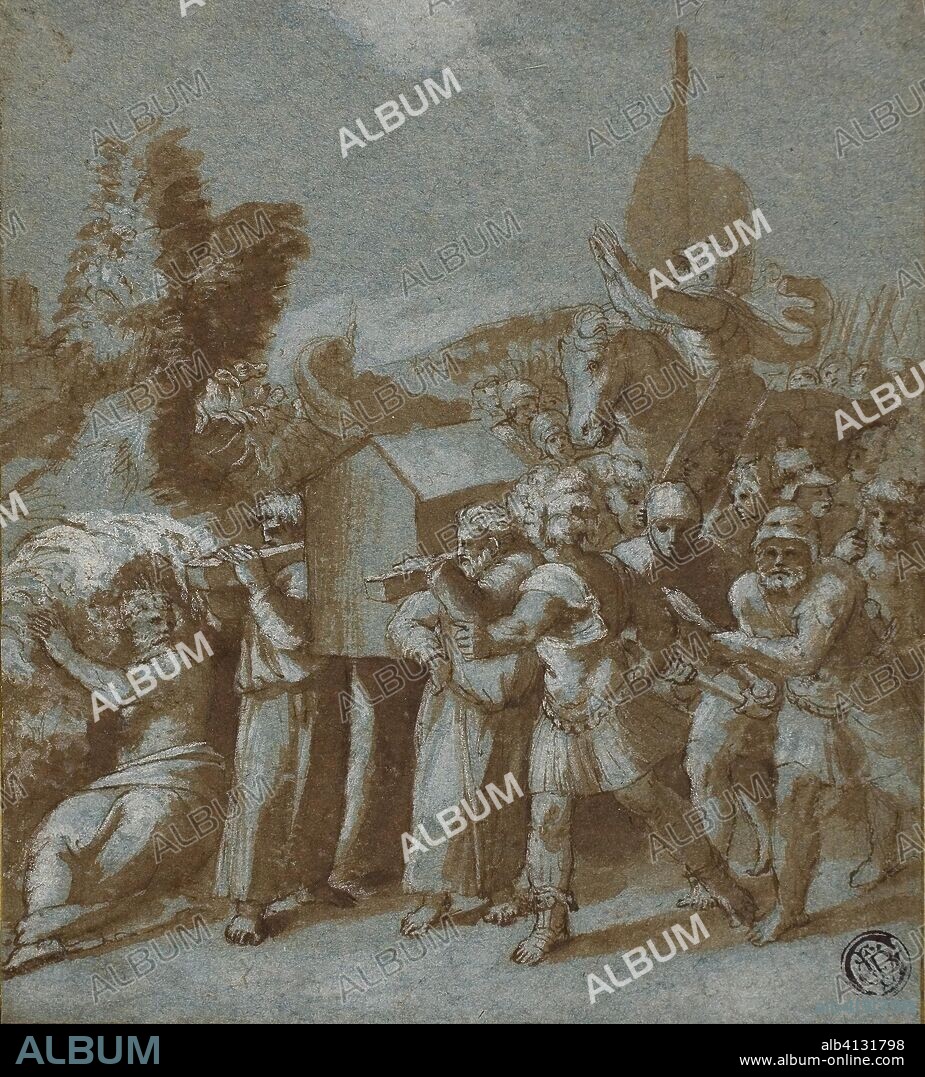 WORKSHOP OF RAPHAEL. Joshua and the Israelites Crossing the Jordan. After Raffaello Sanzio, called Raphael; Italian, 1483-1520. Date: 1500-1599. Dimensions: 153 x 137 mm. Pen and brown ink with brush and brown wash, heightened with lead white, on blue laid paper, laid down on ivory laid paper. Origin: Italy.