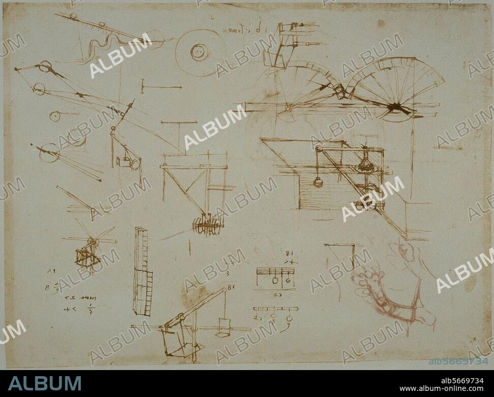 LEONARDO DA VINCI. Léonard de Vinci ; 1452-1519. Études mécaniques : grues et grues tournantes pour fouilles) / Étude anatomique (coït). Plume, encre brune et sanguine, H. 0,208 ; L. 0,284. Atlas d'Études anatomiques, fol. 34 r. (R.L. 19096v). Windsor, Castle, Royal Library.