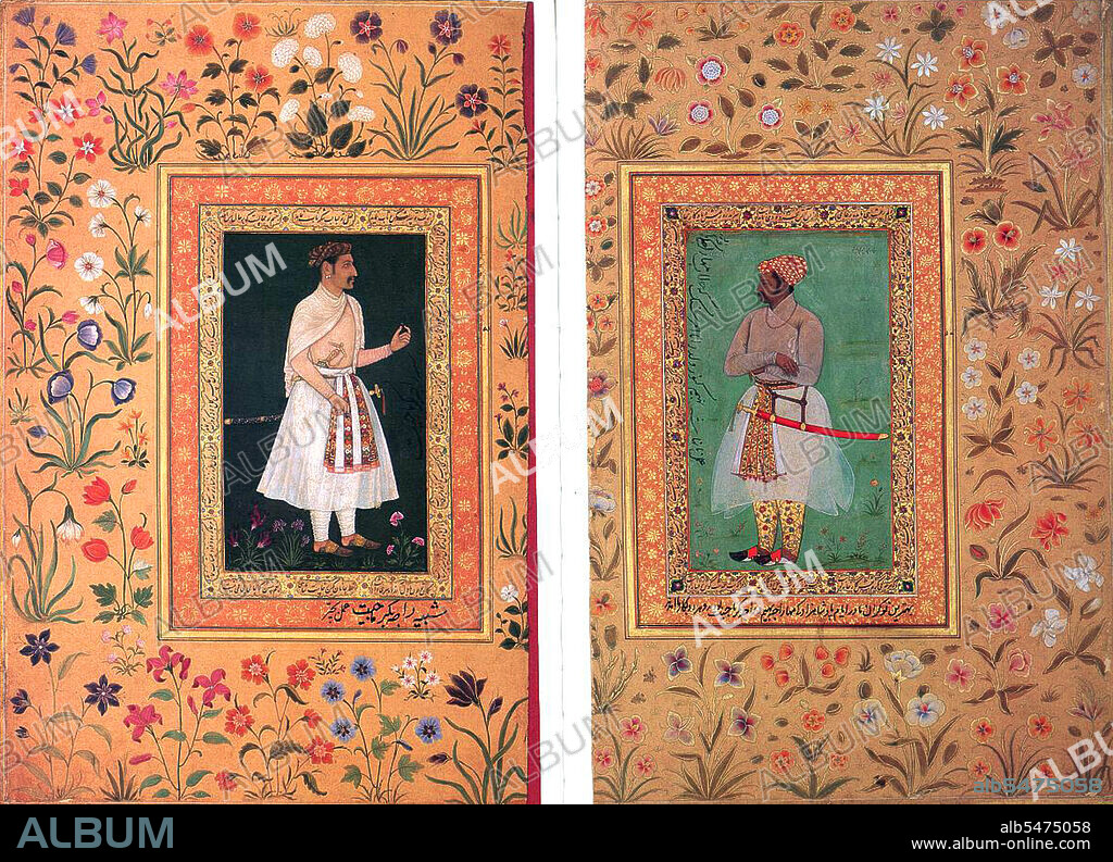 Commissioned by Nuruddin Muhammad Jahangir, fourth Mughal emperor of Hindustan in Northern India, ca. 1620. These two courtiers were awarded prestigious titles for their valour and military success in the Mughal army. They are garbed in sumptuous clothing, as though standing at court in front of the emperor. On the left, Sundar Das received the title Raja Bikramajit, 'which among the Hindus is the highest'; he offers a gemstone between thumb and forefinger to curry the emperor’s favour. Maharaja Bhim Kunwar stands at right, equally well dressed: his richly embroidered pants and sash were gifts from the emperor, seeking to keep him in service.