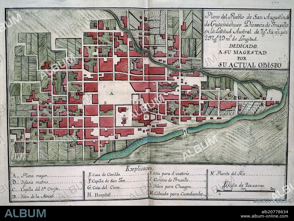BALTASAR JAIME MARTÍNEZ COMPAÑÓN. CODICE TRUJILLO DEL PERU - TOMO I - PLANO DEL PUEBLO DE SAN AGUSTIN DE GUAMACHUCO - MANUSCRITO - SIGLO XVIII.