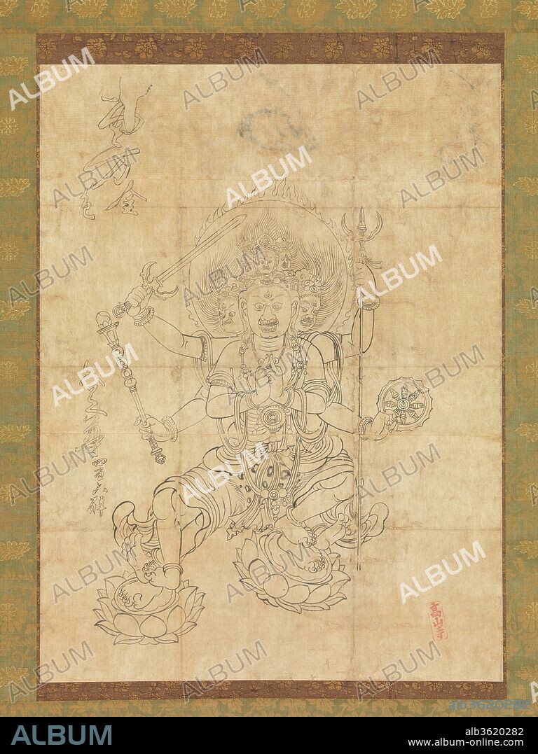 Daiitoku Myoo. Culture: Japan. Dimensions: Image: 28 1/4 x 21 1/8 in. (71.8 x 53.7 cm)
Overall with mounting: 65 1/2 x 26 1/2 in. (166.4 x 67.3 cm)
Overall with knobs: 65 1/2 x 28 1/2 in. (166.4 x 72.4 cm). Date: 12th century.
Daiitoku Myoo (Sanskrit: Yamantaka) is one of the five Great Light Kings of Esoteric Buddhism. His Sanskrit name means "one who stops the power of the King of Hell." He is shown with multiple heads, eyes, legs, and arms. Four hands hold a trident, a wheel, a sword, and a jeweled club while two hands join, with only the middle finger extended, in the mudra of restraint (konpon-in). Introduced from China by Kukai (774-836), the five Great Light Kings became important ritual icons called upon to protect the nation during the Sutra of the Benevolent Kings Assembly, which was performed on special occasions. This drawing is almost identical in form to an image of Daiitoku Myoo that appears in an iconographic scroll of deities from the Sutra of the Benevolent Kings (Ninnokyo) imported by Kukai and housed at the important esoteric temple Daigoji in Kyoto. The brief description next to the image probably serves as a record of the attributes of the deity.