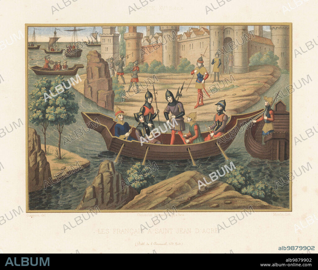 French crusader knights return to Acre after a raid on the Saracen fleet during the war between King Amalric I of Jerusalem and the Egyptians, 1160s. Les Francais a Saint Jean d'Acre. XVe siecle. MS 109 Bist, Bibliotheque de l'Arsenal. Chromolithograph by Moulin after an illustration by Claudius Joseph Ciappori from Charles Louandres Les Arts Somptuaires, The Sumptuary Arts, Hangard-Mauge, Paris, 1858.