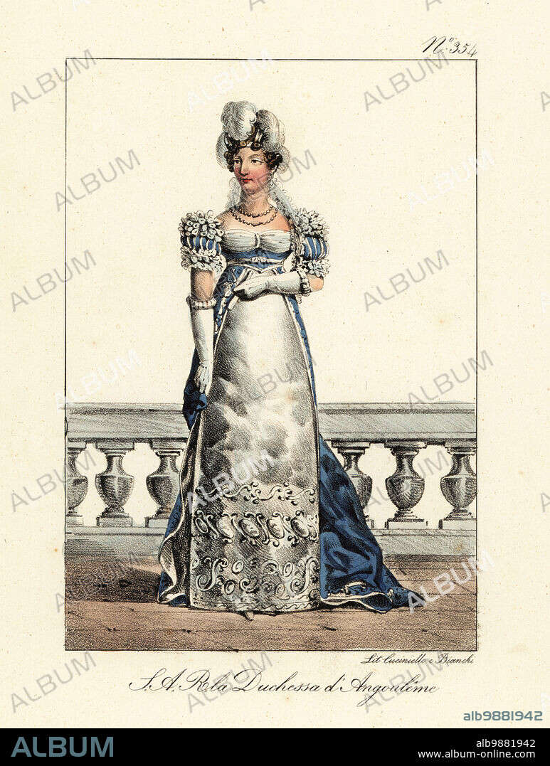 Marie-Thérèse Charlotte, Duchess of Angoulême (1778-1851), eldest child of King Louis XVI and Marie Antoinette of France. In embroidered court gown. S.A.R. Madame, Duchesse d'Angouleme. Handcoloured lithograph by Lorenzo Bianchi and Domenico Cuciniello after Hippolyte Lecomte from Costumi civili e militari della monarchia francese dal 1200 al 1820, Naples, 1825. Italian edition of Lecomtes Civilian and military costumes of the French monarchy from 1200 to 1820.
