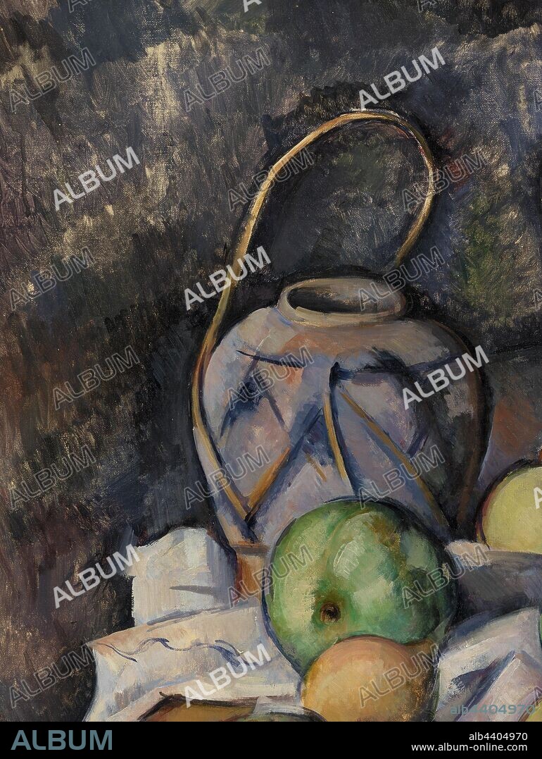 Paul Cézanne: Ginger Jar (Pot de gingembre), Paul Cézanne, c. 1895, Oil on canvas, With its dynamic composition and lively colors, this 'still life' seems anything but still. Foreground and background merge, and objects jostle for space, as drapery obscures the central motif. Ginger jars were popular home decorations in nineteenth century Europe and – like this one – they tended to feature shades of blue. Cézanne included them in several paintings, often alongside a similar selection of fruit., Overall: 28 7/8 x 23 3/4 in. (73.3 x 60.3 cm).