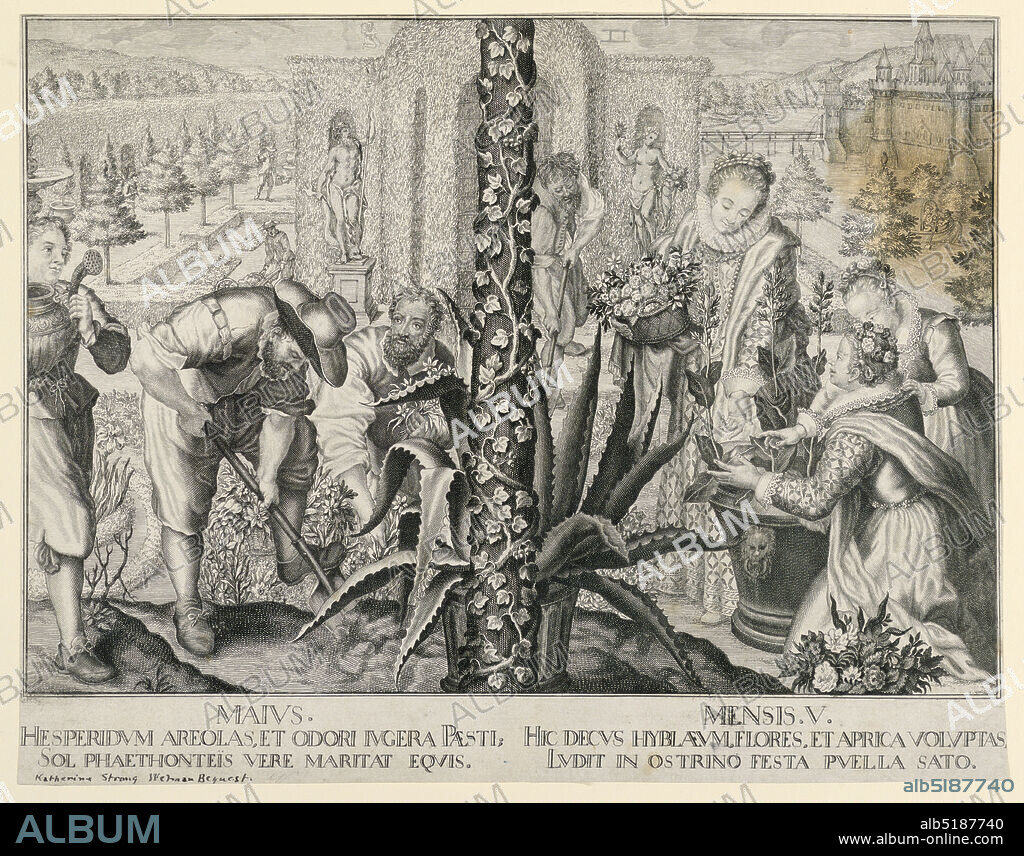 The Month of May, Karl Gustav Amling, German, 1651 - 1702, Peter Candid, Dutch, 1548 - 1628, Engraving on paper, From a series of the months, after tapestries in Munich by Peter Candid. Figures of gardeners, left and ladies gathering flowers, right, scene divided by an ivy-grown pole in center. Garden setting., Germany, 1695-1701, Print, Print.