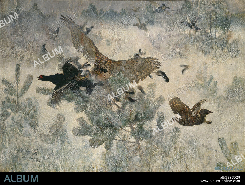 BRUNO LILJEFORS. Duvhök och orrar Hawk and Black-Game. Date/Period: 1884. Painting. Oil on canvas. Height: 1,430 mm (56.29 in); Width: 2,030 mm (79.92 in).