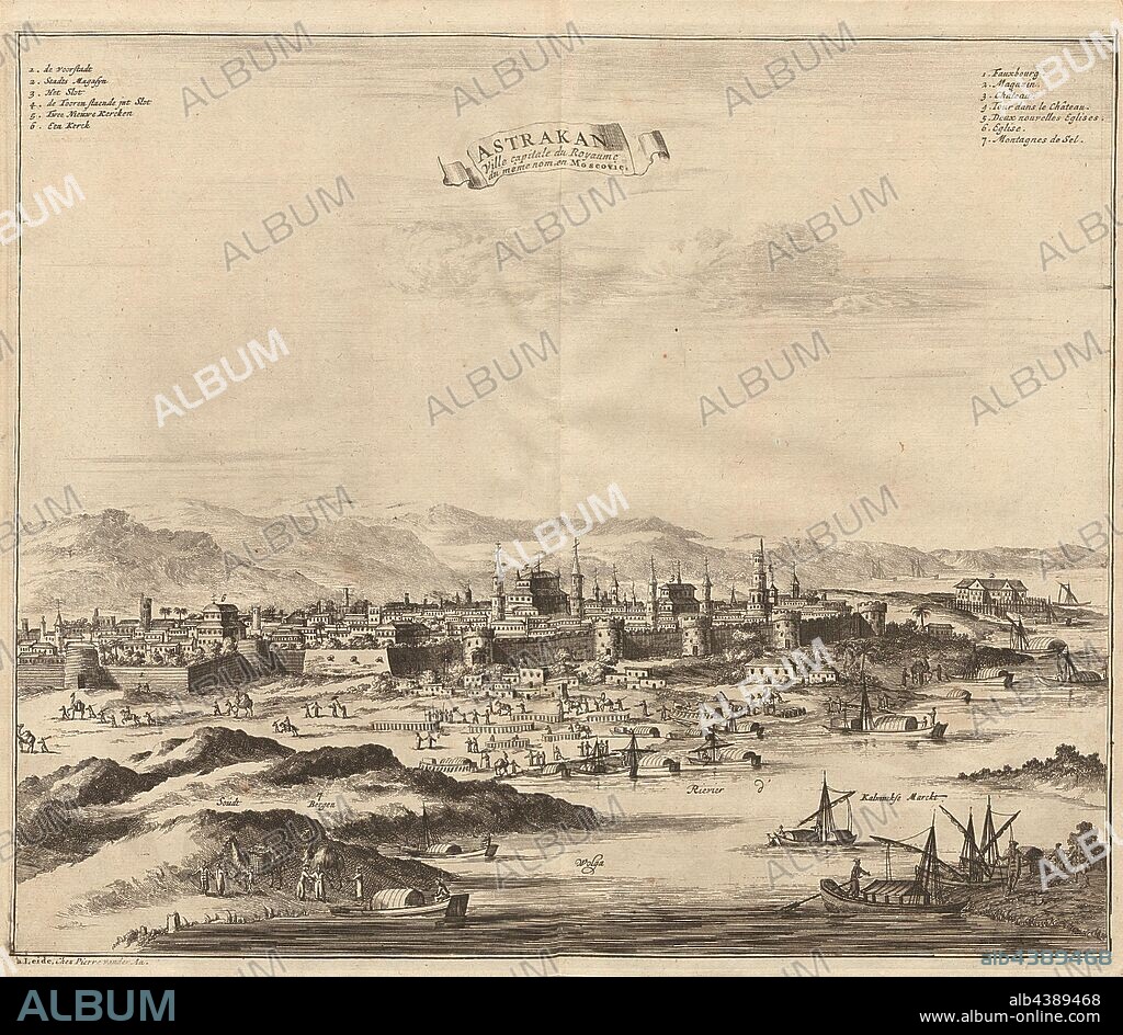 Astrakhan, capital city of the kingdom of the same name in Muscovy, View of the city of Astrakan, capital of the kingdom of the same name, from the 18th century, with Dutch and French legend, signed: a Leide, Chez Pierre van der Aa, Fig. 30, after p. 452, Aa, Pierre van der (chez), 1727, Adam Olearius: Voyages très-curieux et très-renommez faits en Moscovie, Tartarie et Perse: dans lequels on trouve une description curieuse & la situation exacte des pays & etats, par où il a passé [...]. Bd.1. A Amsterdam: chez Michel Charles le Céne, 1727.