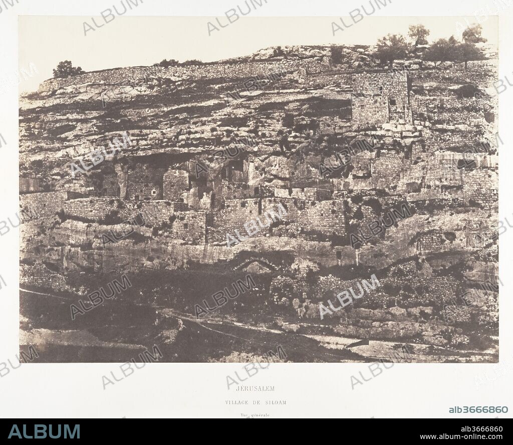 Jérusalem, Village de Siloam, Vue générale. Artist: Auguste Salzmann (French, 1824-1872). Dimensions: Image: 23.2 x 32.2 cm (9 1/8 x 12 11/16 in.)
Mount: 44.5 x 60 cm (17 1/2 x 23 5/8 in.). Printer: Imprimerie photographique de Blanquart-Évrard, à Lille (French, active 1851-55). Date: 1854.
Salzmann recorded the entire town of Siloam in a single view. Framed by bands of earth and sky, the village appears as striations of stones embedded in a steep hill. Seemingly as vacant as Bethlehem (pictured in the plate at left), this town, too, drew Salzmann's attention for its associations with biblical sites--in particular, the healing waters of the Pool of Siloam.