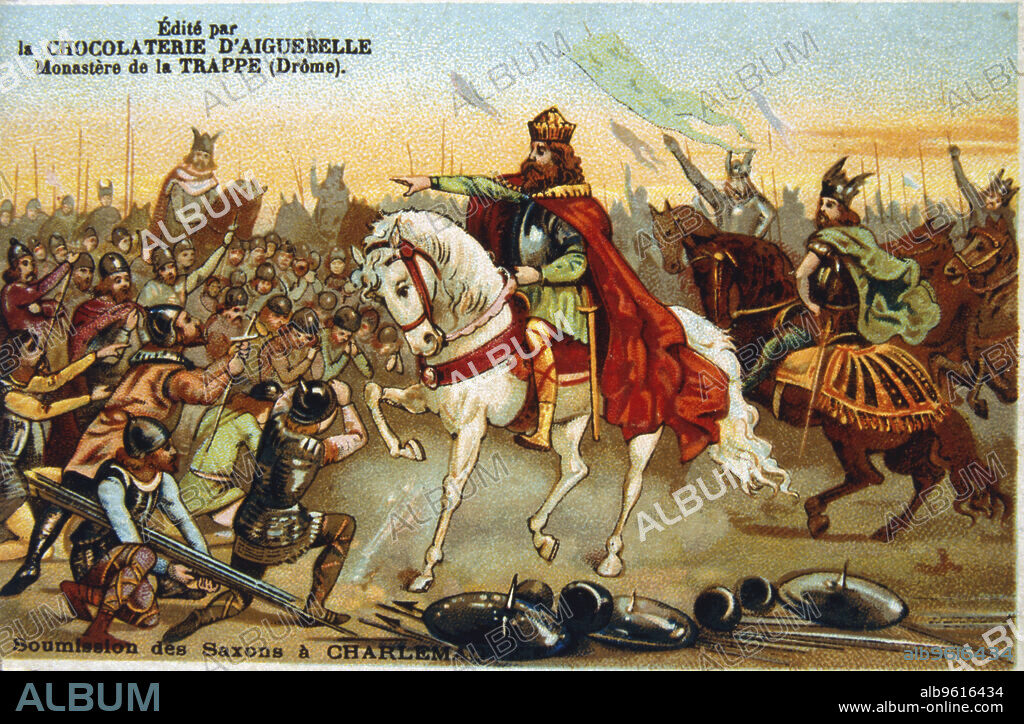 Charlemagne, King of the Franks, accepting the submission of the Saxons, 777 (19th century). Charlemagne (741-814) became King of the Franks in 768, jointly with his brother Carloman. After the latter's death in 771, Charlemagne set about  a campaign  to conquer and convert neigbouring kingdoms to Christianity. He fought the Saxons for many years, finally overcoming them in 804. After restoring  Leo III to the Papacy in 800, Charlemagne was crowned Emperor, marking the beginning of the Holy Roman Empire.