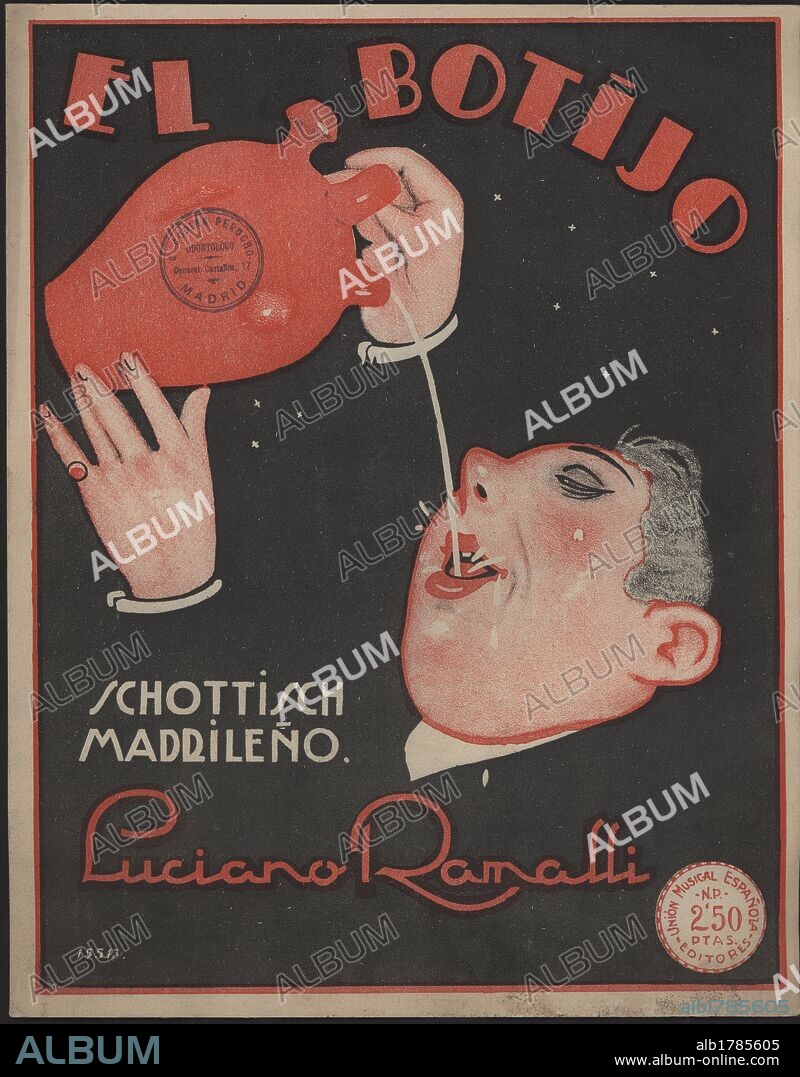 España. Portada de la partitura del chotis madrileño El botijo, del maestro Luciano Ramalli, Editada en Madrid en 1924.