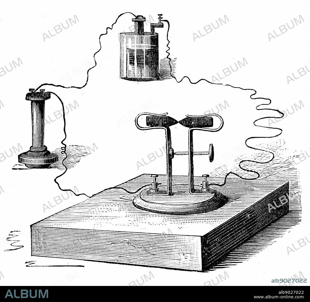Carbon microphone, invented in 1878 by David Edward Hughes (1831-1900), English inventor. From R. Wormell 'Electricity in the Service of Man'London, 1890. Engraving.