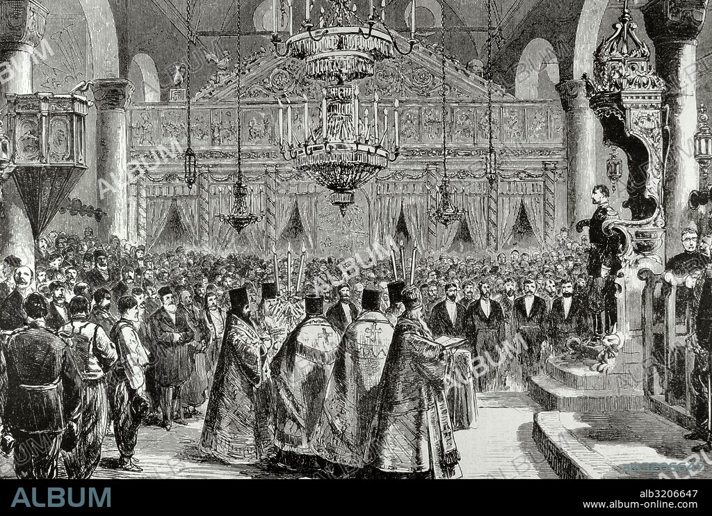 FERNANDO I de BULGARIA (1861-1948). Príncipe de Sajonia-Coburgo-Gotha. Elegido príncipe de Bulgaria en 1887. Aprovechó la crisis balcánica para proclamarse independiente del sultán y tomó el título de zar de los búlgaros (1908-1918). "Celebración del Te-Deum en la catedral de Tirnova·. Grabado de la Ilustración, 1887.