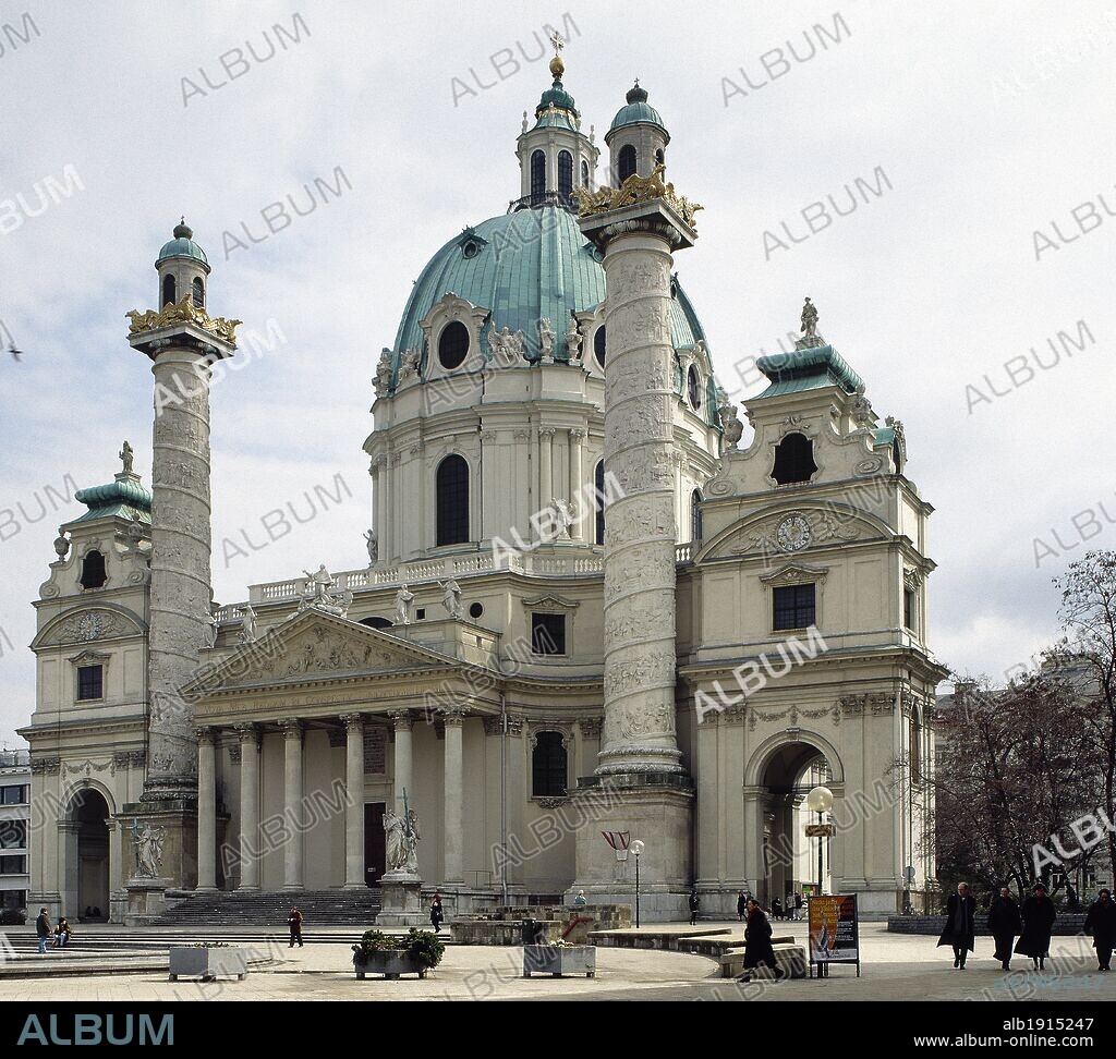 Vienna, Austria. Karlskirche (St. Charles's Church). It was built in Baroque style by the architect Johann Bemhard Fischer von Erlach (1656-1723). General view.