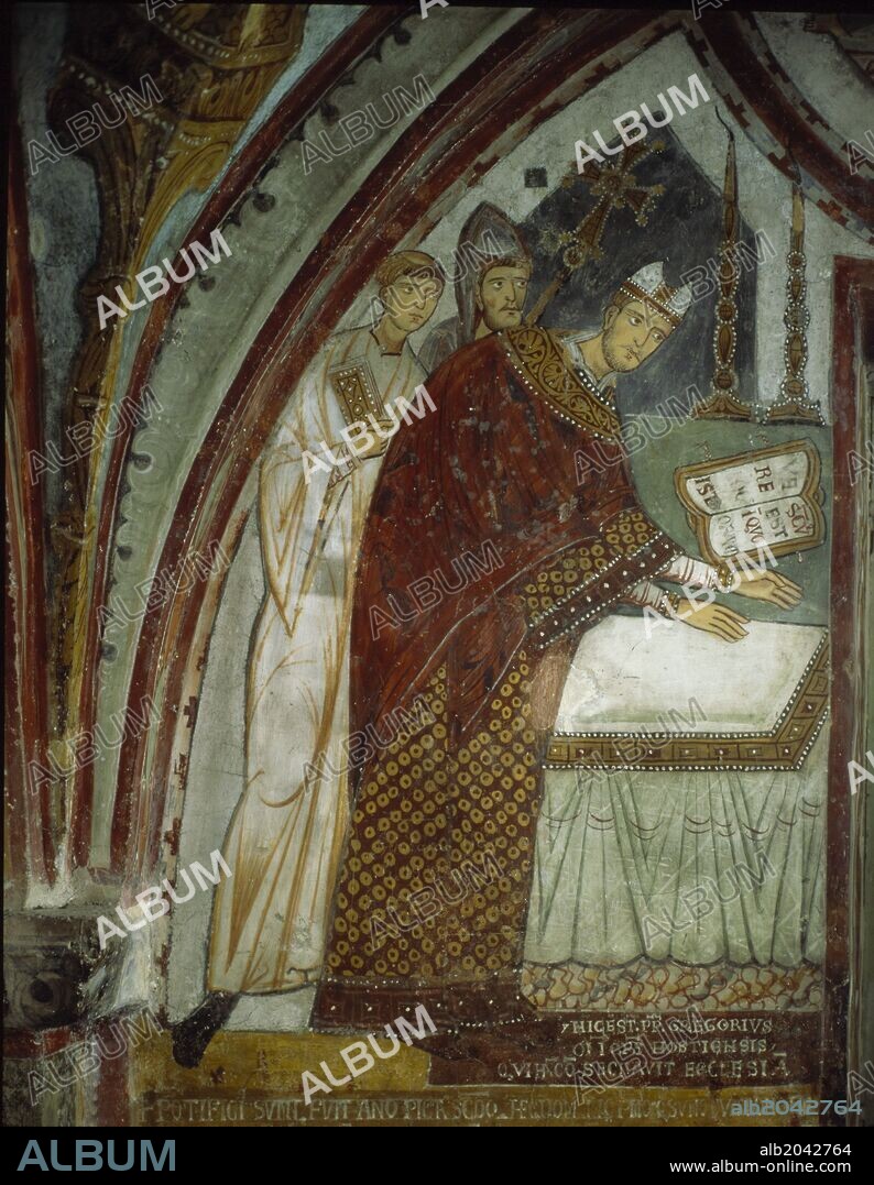 Pope Gregory IX (1170-1241) consecrates Subiaco Chapel Fresco 13th century. St. Benedict Sacro Speco Subiaco.