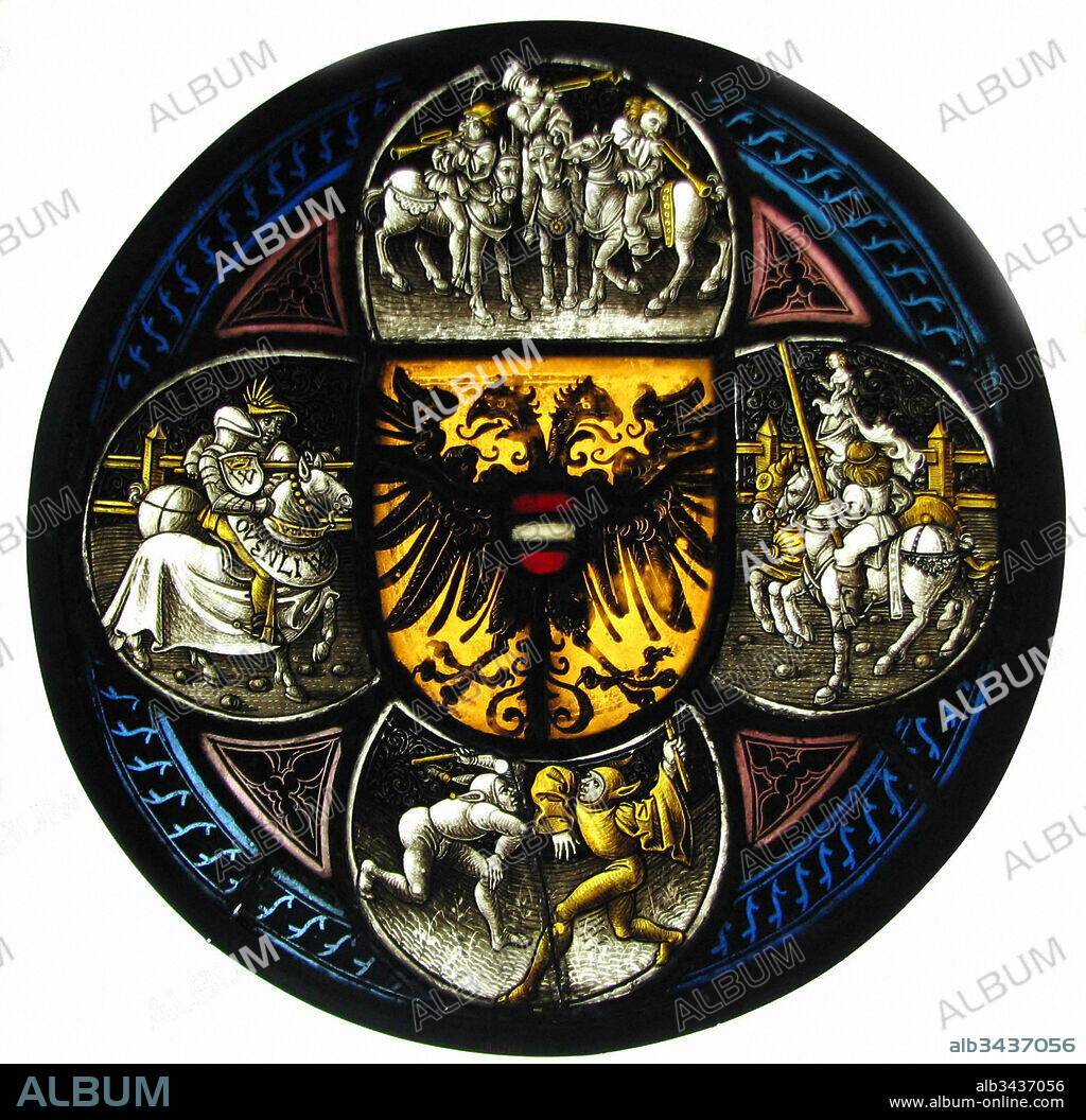 Quatrefoil Roundel with Arms and Secular Scenes, 1490–1500, Made in Nuremberg, Germany, German, Pot-metal glass, white glass, vitreous paint, and silver stain, Diam: 12 1/4 in. (31.1 cm), Glass-Stained, In the center of this panel are the imperial arms of Austria. The scenes in the quatrefoil represent a variety of secular vignettes. These scenes may signify a tournament masquerade of the type held in Nuremberg before Lent, which would explain the presence of fools, feasts, and lovers.