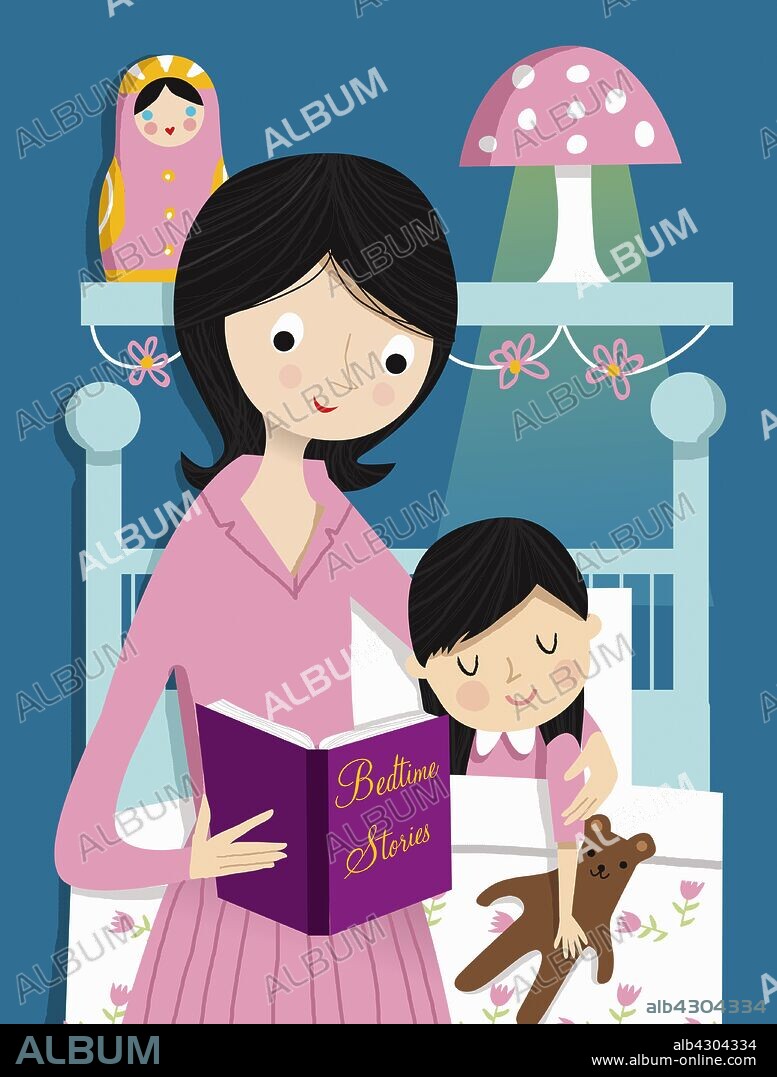 Mother reading bedtime story to daughter.