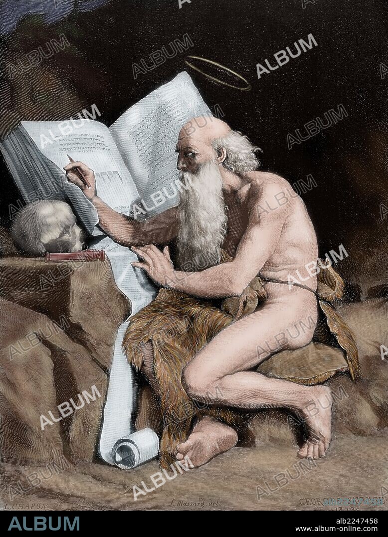 SAN JERONIMO (340-420). Tradujo la Biblia del griego y el hebrero al latín. Padre de la Iglesia. " San Jerónimo en el Desierto". Grabado por L. Chapon. "El Universo Ilustrado", año 1882. Coloreado.