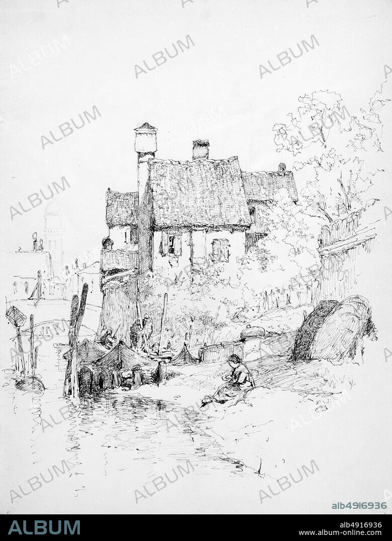Andrew Fisher Bunner, Sketch of House and Canal (Possibly in Venice), American, Andrew Fisher Bunner (18411897), American, Black ink and graphite on off-white wove paper, 13 x 9 3/4 in. (33 x 24.8 cm), Drawings.