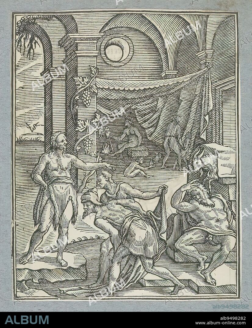 Drunkenness of Noah, A drunken and half undressed Noah. Next to it a goat, associated with the worship of Bacchus. Noah's son Cham points at him and mocks him. Shem and Japheth shield their father with a cloth. In doing so, they walk backwards, lest they see him naked. The print is part of an album., print maker: Christoffel van Sichem (II), (mentioned on object), print maker: Christoffel van Sichem (III), (mentioned on object), publisher: Pieter Jacobsz. Paets, Amsterdam, 1645 - 1646, paper, letterpress printing, height 109 mm × width 85 mm.
