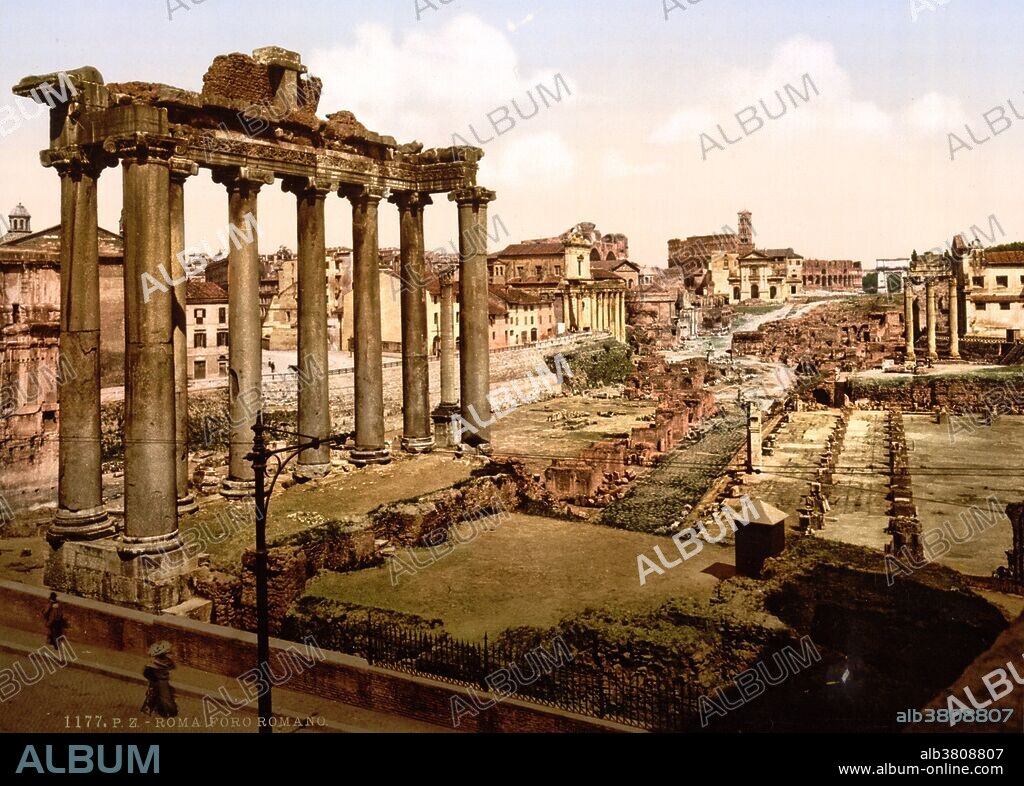 The Roman Forum  is a rectangular plaza surrounded by the ruins of several important ancient government buildings at the center of the city of Rome. Citizens of the ancient city referred to this space, originally a marketplace, as the Forum Magnum, or simply the Forum. It was for centuries the center of Roman public life: the site of triumphal processions and elections; the venue for public speeches, criminal trials, and gladiatorial matches; and the nucleus of commercial affairs. Here statues and monuments commemorated the city's great men. The teeming heart of ancient Rome, it has been called the most celebrated meeting place in the world, and in all history. Located in the small valley between the Palatine and Capitoline Hills, the Forum today is a sprawling ruin of architectural fragments and intermittent archeological excavations attracting 4.5 million sightseers yearly. Detroit Publishing Company circa 1890-1900.