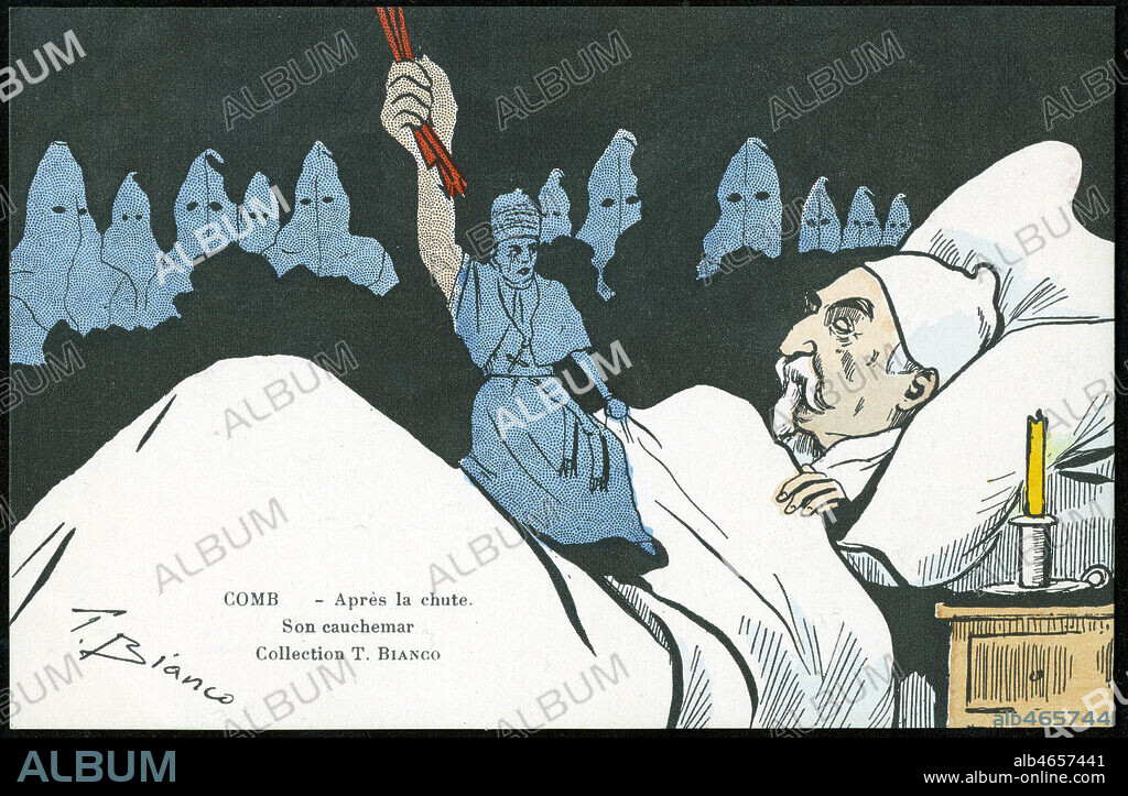 'COMBES : Apres la chute, son cauchemar' Caricature sur la separation de l'Eglise et de l'Etat, carte postale humoristique illustree par Bianco, 1905. Credit Collection IM/Kharbine Tapabor.