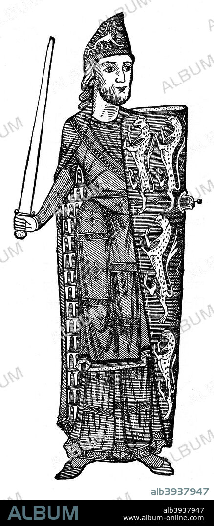 Geoffrey Plantagenet, Count of Anjou, mid-12th century, (1910). Geoffrey (1113-1151), father of King Henry II, wears a Phrygian cap, mantle lined with fur, and a close-fitting super-tunic over a long tunic which reaches the ground. Illustration from British Costume during 19 Centuries by Mrs Charles H Ashdown, (London, 1910).