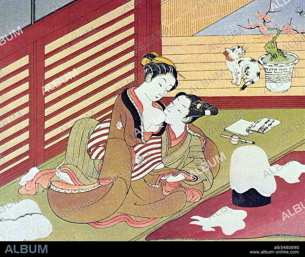 Shunga is a Japanese term for erotic art. Most shunga are a type of ukiyo-e, usually executed in woodblock print format. While rare, there are extant erotic painted handscrolls which predate the Ukiyo-e movement. Translated literally, the Japanese word shunga means picture of spring; 'spring' is a common euphemism for sex. The ukiyo-e movement as a whole sought to express an idealisation of contemporary urban life and appeal to the new chi nin class. Following the aesthetics of everyday life, Edo period shunga varied widely in its depictions of sexuality. As a subset of ukiyo-e it was enjoyed by all social groups in the Edo period, despite being out of favour with the shogunate. Suzuki Harunobu (1724 July 7, 1770) was a Japanese woodblock print artist, one of the most famous in the Ukiyo-e style. He was an innovator, the first to produce full-color prints (nishiki-e) in 1765, rendering obsolete the former modes of two- and three-color prints. Harunobu used many special techniques, and depicted a wide variety of subjects, from classical poems to contemporary beauties (bijin, bijin-ga). Like many artists of his day, Harunobu also produced a number of shunga, or erotic images.
