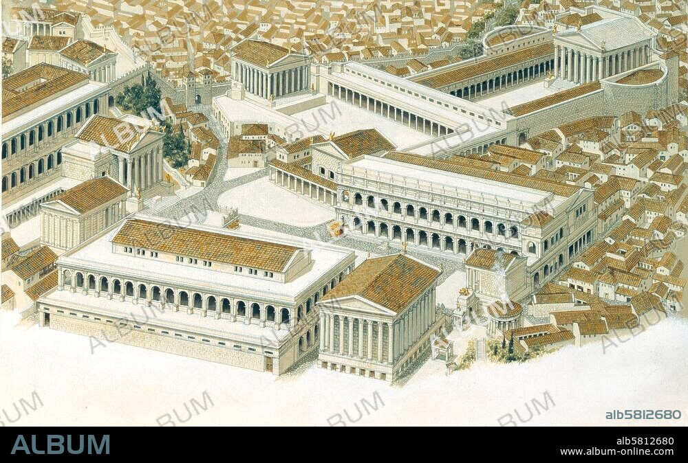 Rom, Forum Romanum. Rekonstruktion des antiken Forum Romanun z. Zt. des Augustus: V. l., Tabularium, Tempel der Concordia, Tempel des Saturn, Basilica Julia, Tempel des Castor u. Pollux, Tempel d. Vesta, Tempel des vergöttl. Julius Ceasar (dahinter), Basilica Aemilia (Mitte rechts) (...). Aquarell von Peter Connolly (1935-2012).