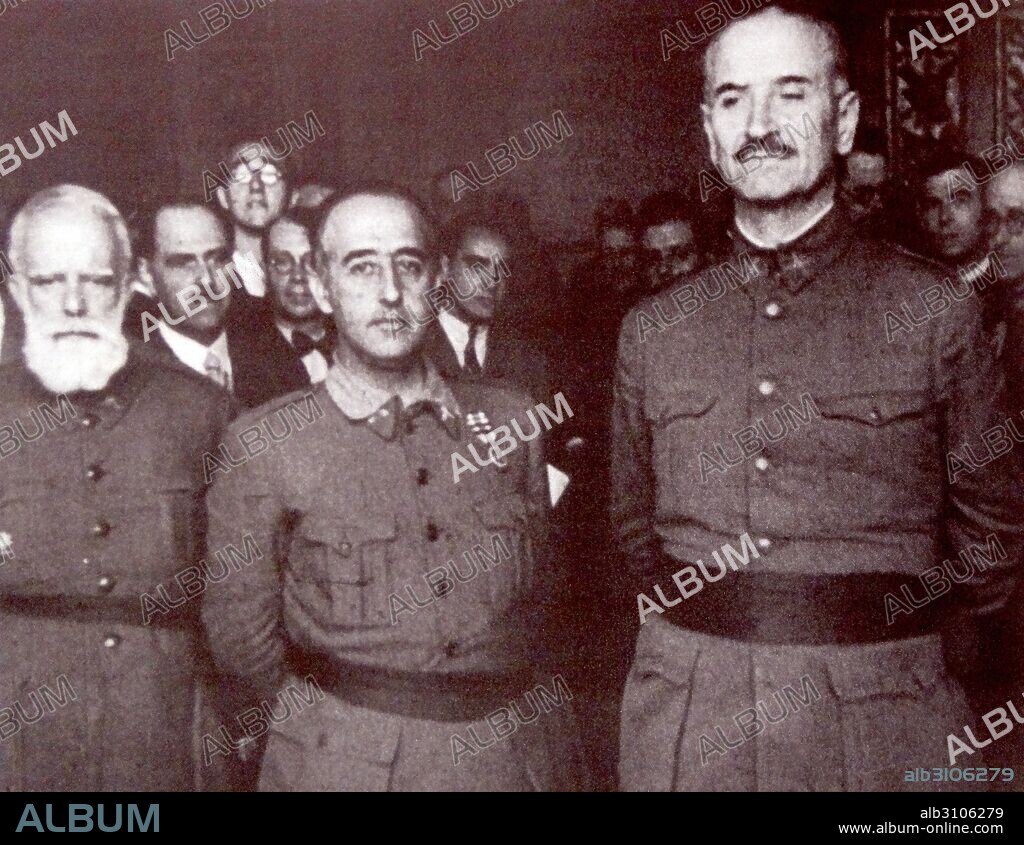 left to Right: Miguel Cabanellas Ferrer (January 1, 1872, Cartagena – May 14, 1938), Francisco Franco 1892-1975 and Gonzalo Queipo de Llano (1875 – 1951) during the Spanish Civil War.