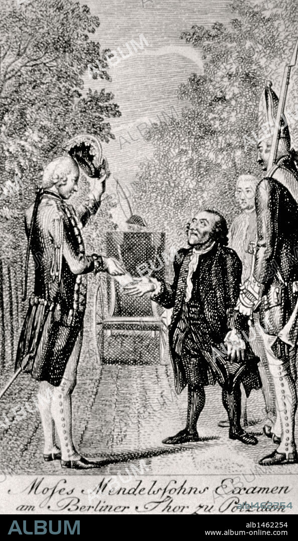 MENDELSSOHN, Moses (Dessau,1729-Berlín,1786). Filósofo alemán de origen judío. "MENDELSSOHN EN LA PUERTA DE BERLIN, DE POTSDAM, CAMINO DE UNA AUDIENCIA CON EL REY FEDERICO II". Grabado en cobre basado en la obra de Daniel Chodowiecki (1792) .