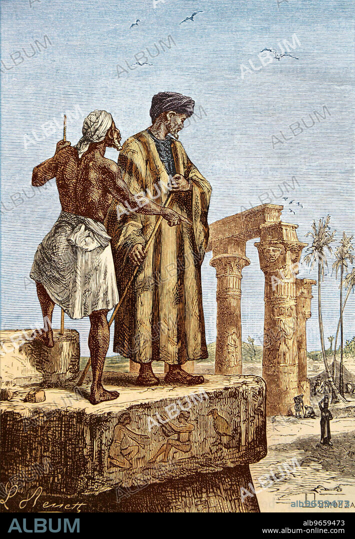 Ibn Battuta in Egypt, where he had a dream in which a large bird carried him to Mecca, India and China. Lithograph by H.L. benett.