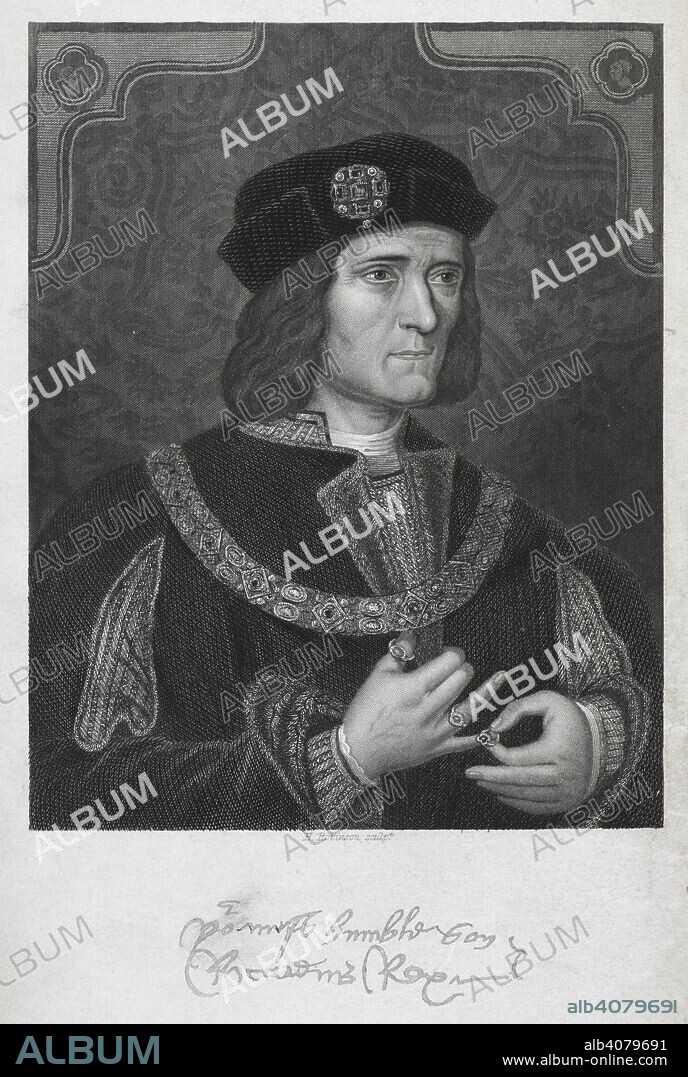 CAROLINE AMELIA HALSTED. Portrait of King Richard III. This is a reproduction of the painting held at the National Portrait Gallery, by an Unknown artist. As stated on the NPG website : 'This portrait, in which he appears to be placing a ring on the little finger of his right hand, has been seen by some as evidence of his cruel nature and by others as evidence of his humanity'. Richard III as Duke of Gloucester and King of England / by Caroline A. Halsted. London : Longman, Brown, Green, and Longmans, 1844. Source: 1448.h.4 frontispiece.