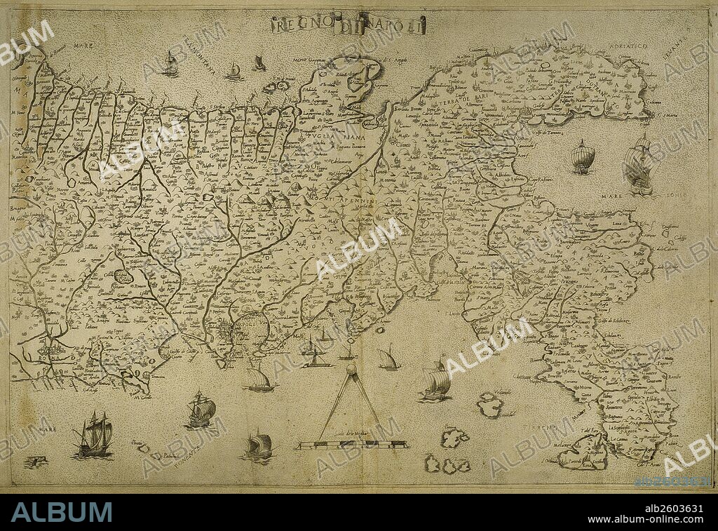 Map Kingdom of Naples. Southerm of Italian Peninsula. Italian engraving. 16th century.