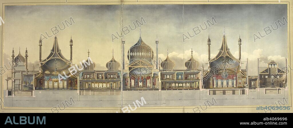 A cross section of the Royal Pavilion at Brighton. The Royal Pavilion at Brighton. Published by the command of & dedicated by permission to the King by ... John Nash. London, 1827. Source: 557*.h.19, page 28.