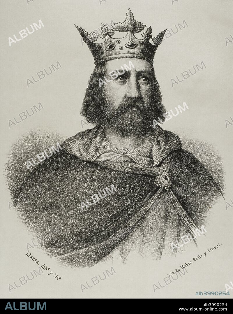 Alfonso II de Aragón "el Casto" (1157-1196). Rey de Aragón y Conde de Barcelona, Besalú, Gerona, Cerdaña y Osona. Dibujo por Llanta. Litografía. Crónica General de España, Historia Ilustrada y Descriptiva de sus Provincias. Cataluña, 1866. Biblioteca Histórico Militar de Barcelona. Cataluña, España.