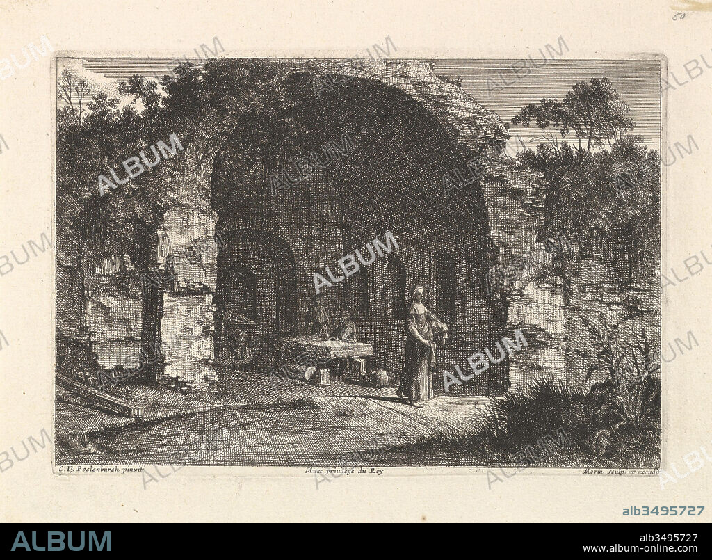 La Caffarella (ou Grotte d'Egerie), Etching, sheet: 7 1/4 x 9 13/16 in. (18.4 x 25 cm), Prints, Jean Morin (French, Paris ca. 1605–1650 Paris), After Cornelis van Poelenburch (Dutch, Utrecht (?) 1594/95–1667 Utrecht).