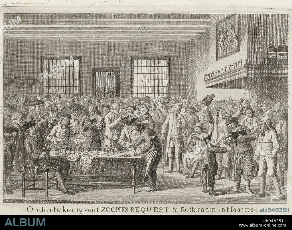 Signature of Zoopies Request, in Rotterdam on 29 March 1784. Collecting signatures for the Orangist request for the abolition of the Vrijkorps founded in 1783. A large group of men gathered in a Rotterdam inn to sign the petition after drinking a drink, Zoopies Request, 1784 Signed the Zoopies Request in Rotterdam in 't Iaar 1784., print maker: Joannes Hulstkamp, (attributed to), Rotterdam, 1784, paper, etching, engraving, h 143 mm × w 200 mm.