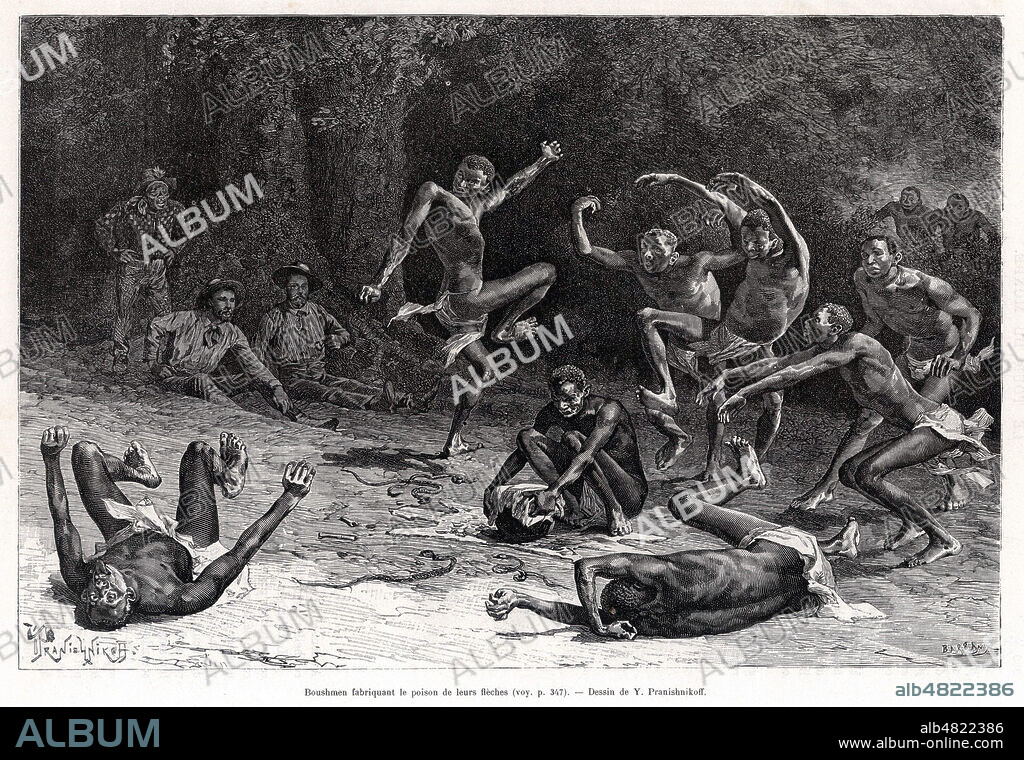 Boushmen fabriquant le poison de leur fleches. Illustration de Ivan PRANISHNIKOFF (1841-1909) pour Huit mois au Kalahari par M. Guillermo FARINI (William Leonard HUNT (1838-1929) repris dans Le Tour du Monde de 1886. Credit : Collection Kharbine-Tapabor.