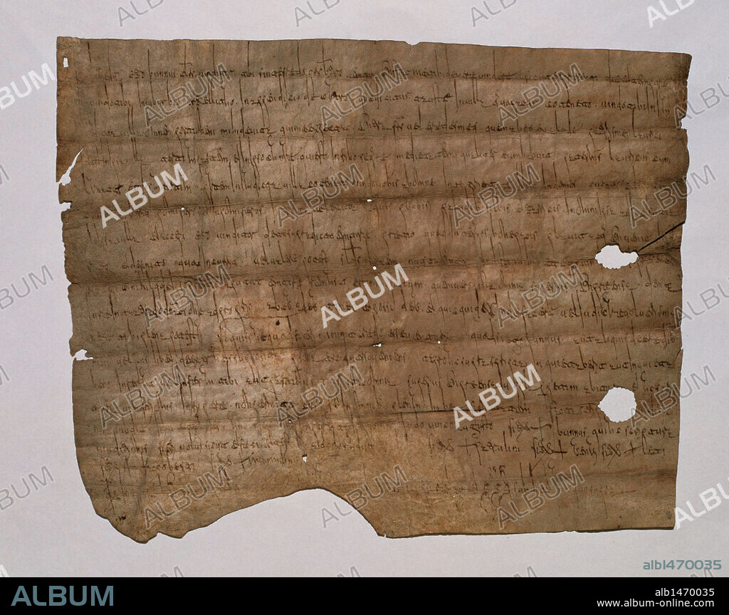 ARTE VISIGODO. SIGLO IX. Documento de COMPRA-VENTA: BRUNO, CLERIGO, VENDE AL PRESBITERO SENTEFRED LA MITAD DEL CAÑIZAR DEL RIO SEGRE Y UN TERCIO DE LA VILLA DE CODINET (ALT URGELL). Pergamino con escritura visigótica del año 815 que, probablemente, sea el documento más antiguo que se conserva en Cataluña. Procede del Monasterio de Sant Pere de Codinet. Archivo capitular de la Seu d'Urgell. Lleida.