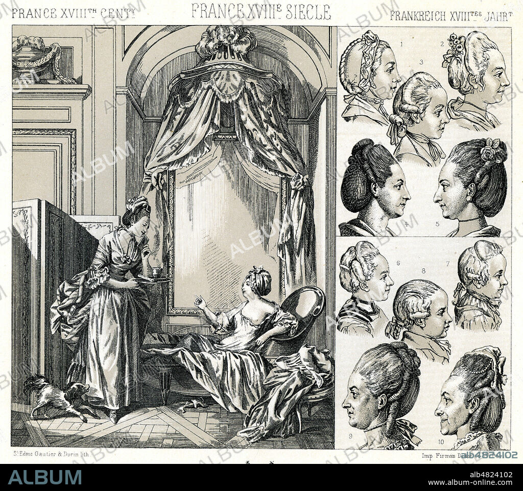 'France 18eme siecle. Le bain. Perruques de femmes et d'enfants'. Planche tiree de l'ouvrage de RACINET (1825-1893) 'Le Costume historique' publie entre 1876 et 1888. Credit : Collection Grob/KHARBINE-TAPABOR.