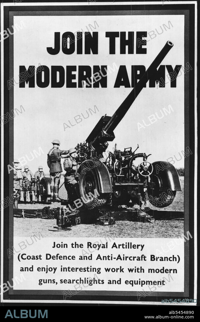 Posters With A "Full" Modern Advertising For Modern Army -- A pictorial poster extolling the virtues of the modern army. A display of the new series of recruiting posters for the Modern Army was given at the Central London Recruiting Depot, Old Scotland Yard, S.W. June 20, 1938. (Photo by Topical Press).