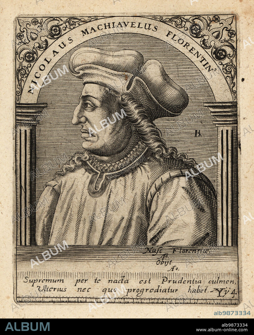 Niccolò di Bernardo dei Machiavelli, Italian diplomat, politician, historian, philosopher, writer, playwright and poet of the Renaissance, 1469-1527. Nicolaus Machiavelus Florentinus. Copperplate engraving by Johann Theodore de Bry from Jean-Jacques Boissards Bibliotheca Chalcographica, Johann Ammonius, Frankfurt, 1650.