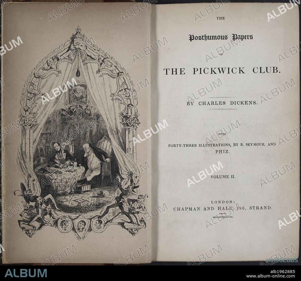 CHARLES DICKENS. Samuel Pickwick and Sam Weller, two characters in 'The Pickwick papers'. The posthumous papers of the Pickwick Club ... With forty-three illustrations, by R. Seymour and Phiz. London: Chapman & Hall, 1837. Source: C.59.c.23, frontispiece and titlepage. Language: English.
