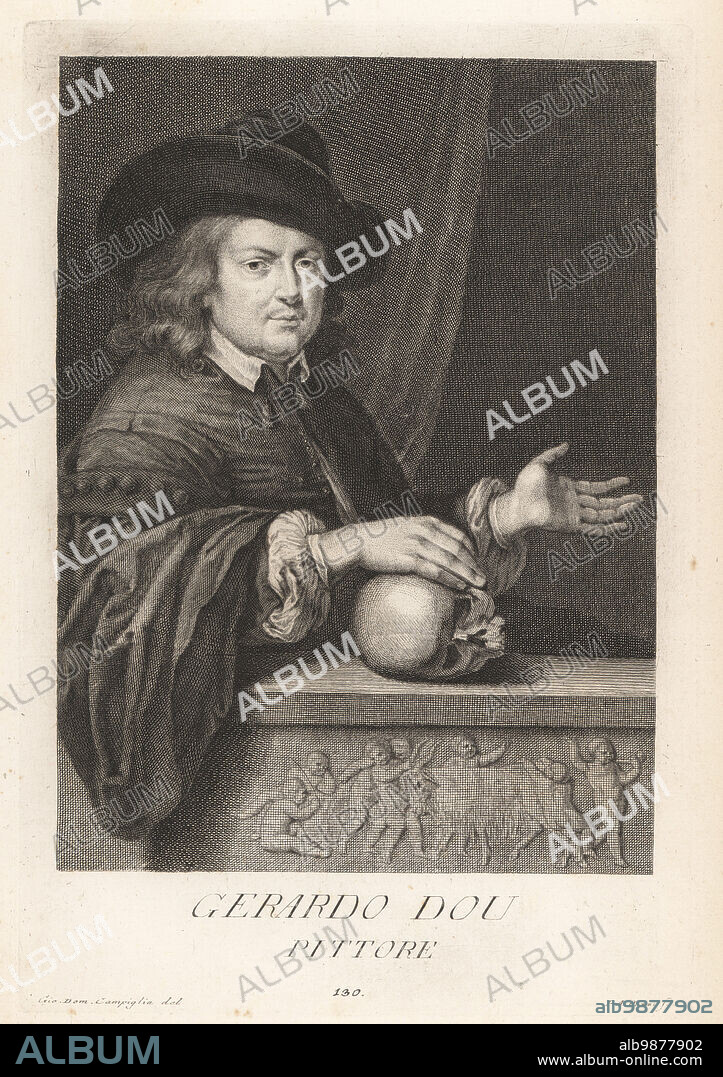 Gerrit Dou, also known as Gerard Douw or Dow, Dutch Golden Age painter, 1613-1675. His small, highly polished paintings are typical of the Leiden fijnschilders. Self portrait with skull. Gerardo Dou, Pittore. Copperplate engraving by Pietro Antonio Pazzi after Giovanni Domenico Campiglia after a self portrait by the artist from Francesco Moucke's Museo Florentino (Museum Florentinum), Serie di Ritratti de Pittori (Series of Portraits of Painters) stamperia Mouckiana, Florence, 1752-62.