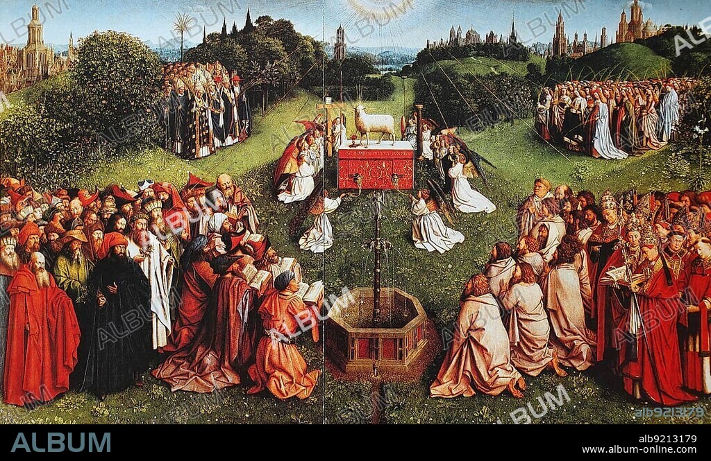 The Adoration of the Lamb, from the Revelation of John with Angels and Saints, painting by Jan and Hubert van Eyck, completed 1432, Historic, digitally restored reproduction of a 19th century original, exact original date not known