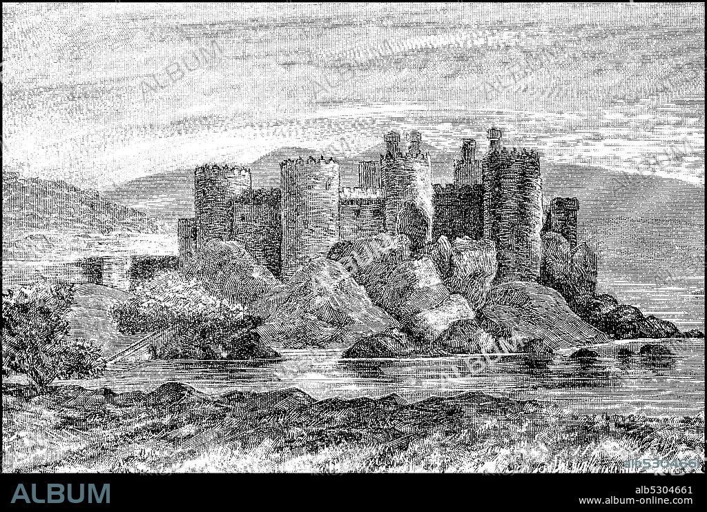 Conwy Castle, Conway Castle, is the ruins of a medieval castle built between 1283 and 1287 in the county of Gwynedd on the banks of the Conwy River estuary, dominating the entrance to the Welsh town of Conwy  /  Conwy Castle, Conway Castle, ist die Ruine einer mittelalterlichen, zwischen 1283 und 1287 errichteten Burg in der Grafschaft Gwynedd am Ufer der Mündung des Flusses Conwy, die den Ortseingang der walisischen Stadt Conwy dominiert, Historisch, historical, digital improved reproduction of an original from the 19th century / digitale Reproduktion einer Originalvorlage aus dem 19. Jahrhundert,.