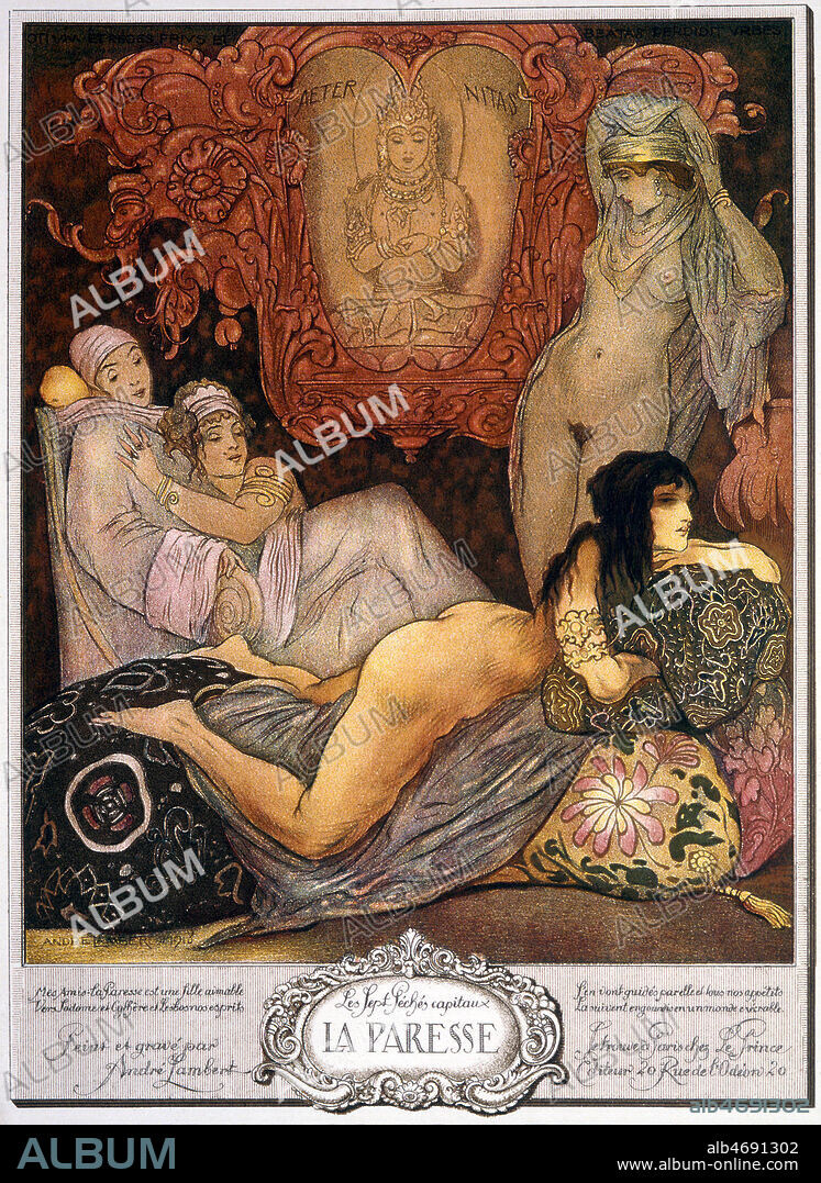 Representation d'un des 7 peches capitaux: la paresse. Illustration d'Andre Lambert de 1918. Credit: Collection KHARBINE-TAPABOR.