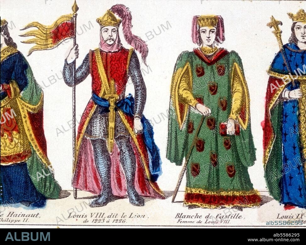 Louis VIII le Lion, roi de France. (1223-1226) ; 1187-1226. - "Louis VIII, dit le Lion, de 1223 à 1226." / "Blanche de Castille, Femme de Louis VIII." - Gravure sur bois, coloriée, vers 1850, livre d'images (Gangel, Metz), détail . coll. particulière, France.