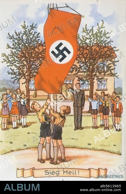 National Socialism / Jungvolk. "Sieg Heil". (Raising the flag in a Volksschule; the Swastika flag is raised). Col print after drawing by Ernst Kutzer. From the Nazi school book: Hans Brückl, Mein Buch, 3rd ed. Munich (R. Oldenbourg) 1941, pg. 4. Frankfurt am Main, private collection.