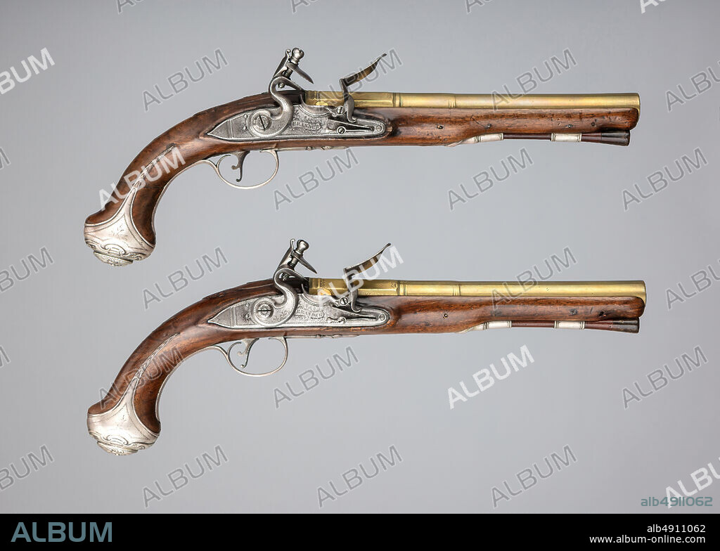 William Brander, Pair of Flintlock Pistols, British, London, ca. 178283, London, British, London, Steel, wood (walnut), brass, silver, gold, horn, L. of each 14 3/4 in. (37.5 cm); L. of each barrel 9 in. (22.9 cm); Cal. of each .63 in. (16 mm); Wt. of each 1 lb. 13 oz. (822.1 g), Firearms-Pistols-Flintlock.